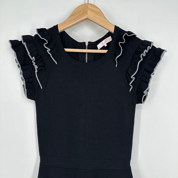 Parker April Knit Ruffle Dress Tiered Flutter Sleeve Fit and Flare Dress Black - Picture 5 of 15
